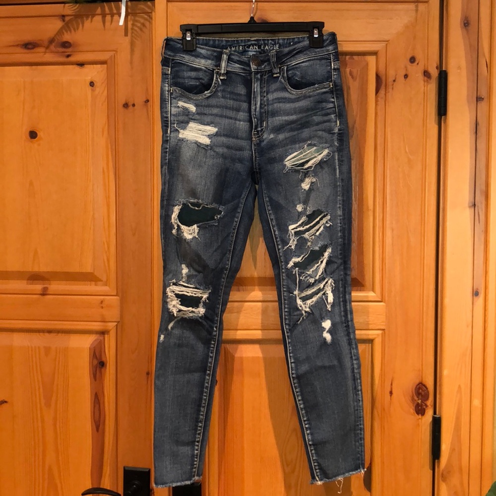 American Eagle “distressed high waisted jeans”
